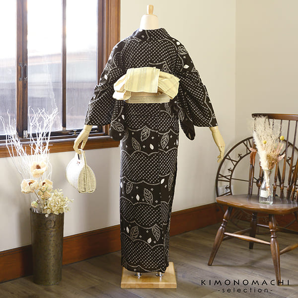 お仕立て上がり絞り浴衣単品「若葉 黒茶」有松絞り 女性浴衣単品 レディース浴衣単品 綿 お仕立て上がり浴衣 yukata(メール便不可)の画像