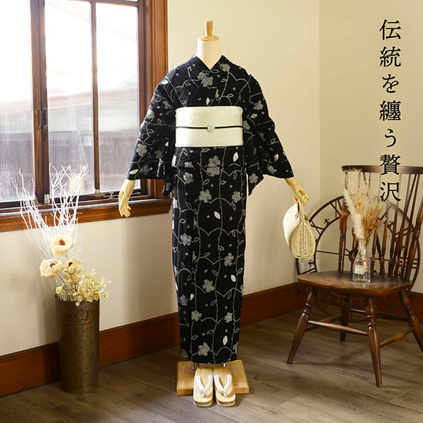 お仕立て上がり絞り浴衣単品「フラワータペストリー　黒」有松絞り 女性浴衣単品 レディース浴衣単品 綿 お仕立て上がり浴衣 yukata(メール便不可)の画像
