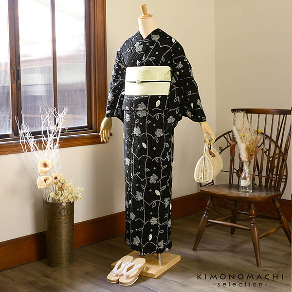 お仕立て上がり絞り浴衣単品「フラワータペストリー　黒」有松絞り 女性浴衣単品 レディース浴衣単品 綿 お仕立て上がり浴衣 yukata(メール便不可)の画像