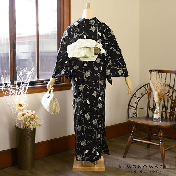 お仕立て上がり絞り浴衣単品「フラワータペストリー　黒」有松絞り 女性浴衣単品 レディース浴衣単品 綿 お仕立て上がり浴衣 yukata(メール便不可)の画像