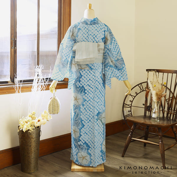 新品　5L 仕立て上がり　浴衣 ブルー系　絞り風模様　半幅帯　長尺帯　黄　松竹梅 assort-ynset0095_s1.jpg