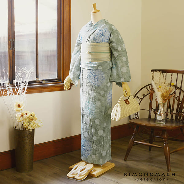 お仕立て上がり絞り浴衣単品「水玉と花 グレー」有松絞り 女性浴衣単品