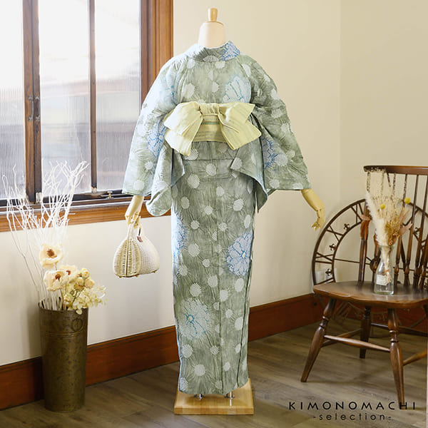 お仕立て上がり絞り浴衣単品「水玉と花 グレー」有松絞り 女性浴衣単品