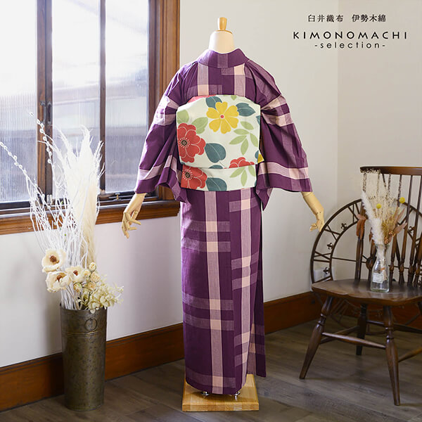 伊勢木綿　単衣　着物　トールサイズ 伊勢木綿 洗える着物 単品「格子京紫×桜色」お仕立て上がり 木綿きもの