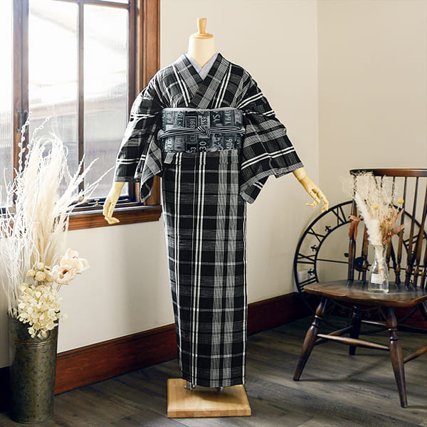 伊勢木綿 洗える着物 単品「重ね格子 黒」お仕立て上がり 木綿きもの