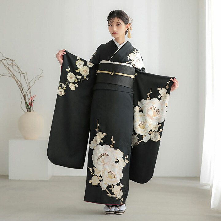 未仕立て 振袖 22点セット「黒 白梅」仮絵羽 振り袖 正絹 着物