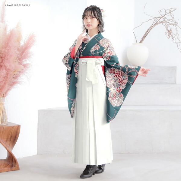 袴 セット 女性 4点セット「二尺袖：花くす玉 青緑色＋袴：アイス