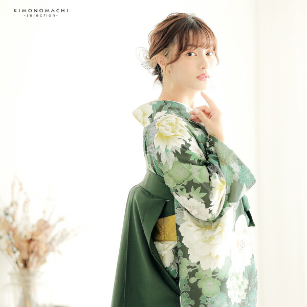 袴 セット 女性 4点セット「二尺袖：深緑色 牡丹に花々＋袴：緑色＋袴