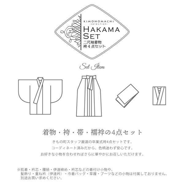 袴 セット 女性 4点セット「二尺袖：藍鉄色 牡丹に花々＋袴：アイスグレー 椿の刺繍＋袴下帯：ブラック 麻の葉＋襦袢 」 二尺袖着物セット (メール便不可) | ブランド登録なし | 07
