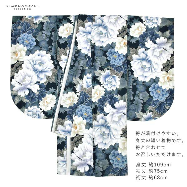 袴 セット 女性 4点セット「二尺袖：藍鉄色 牡丹に花々＋袴：アイスグレー 椿の刺繍＋袴下帯：ブラック 麻の葉＋襦袢 」 二尺袖着物セット (メール便不可) | ブランド登録なし | 12