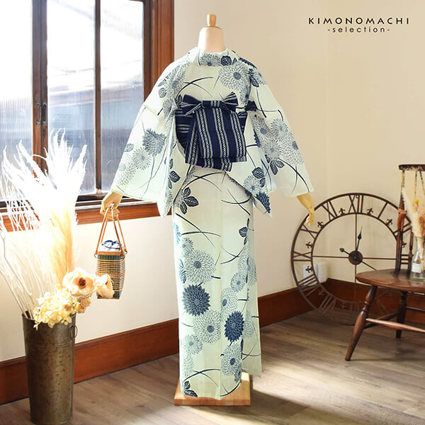 Amazon.co.jp: 浴衣 綿麻 粋な夏着物 菊柄 紺色 献上柄 半幅帯 2