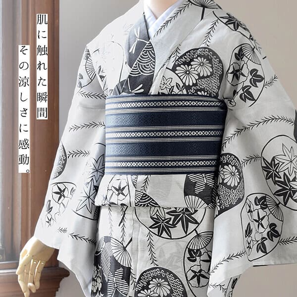 浴衣 レディース 単品 お仕立て上がり浴衣 綿絽浴衣「うちわ　白地、墨黒」えんむすび Fサイズ シック 大人 モダン 粋 古典 ゆかた 女性 ブランド ブランド浴衣 花火大会 夏祭り 綿 絽 夏着物にも【メール便不可】
