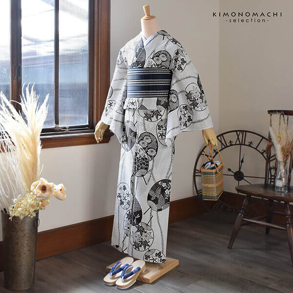 浴衣 レディース 単品 お仕立て上がり浴衣 綿絽浴衣「うちわ　白地、墨黒」えんむすび Fサイズ シック 大人 モダン 粋 古典 ゆかた 女性 ブランド ブランド浴衣 花火大会 夏祭り 綿 絽 夏着物にも【メール便不可】