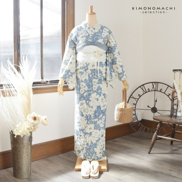 浴衣 レディース 女性浴衣単品 「花子倶楽部：花 水色」Fサイズ 綿麻