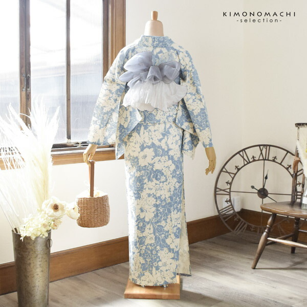 浴衣 レディース 女性浴衣単品 「花子倶楽部：花 水色」Fサイズ 綿麻