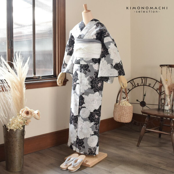 綿麻　着物　浴衣　グレー 浴衣 レディース 女性浴衣単品 九重×中村里砂「グレー 牡丹」F