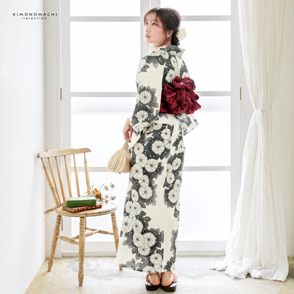 浴衣 レディース 女性浴衣単品 「アイボリー 墨色、連菊」Fサイズ