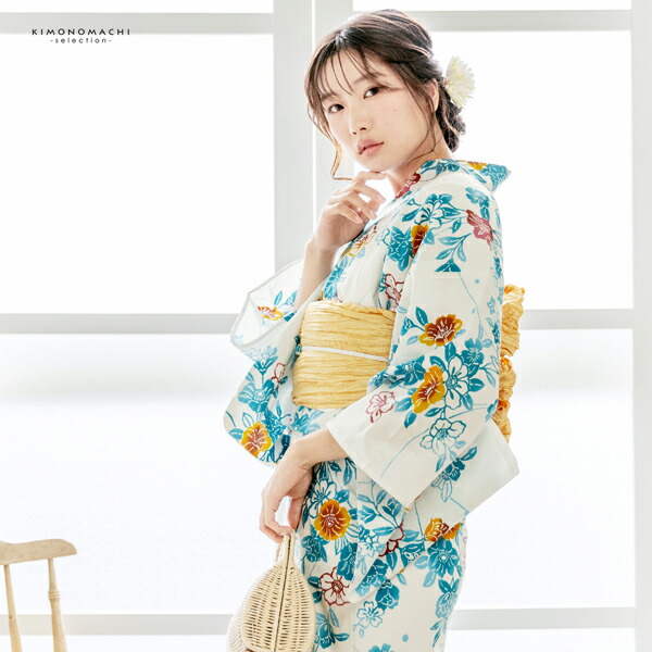 浴衣 レディース 女性浴衣単品 「白地 浅葱色、露芝に椿」綿浴衣