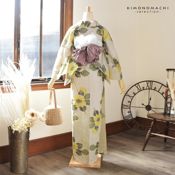 浴衣 レディース 女性浴衣単品 「ひまわり　黄色」Fサイズ 綿麻浴衣 プレタ浴衣 お仕立て上がり浴衣 ブランド浴衣 大人浴衣 女性用 女性浴衣 ゆかた【メール便不可】