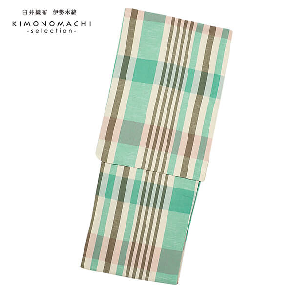 伊勢木綿 洗える着物 単品「格子 白地 グレー×ミント×薄紅」お仕立て