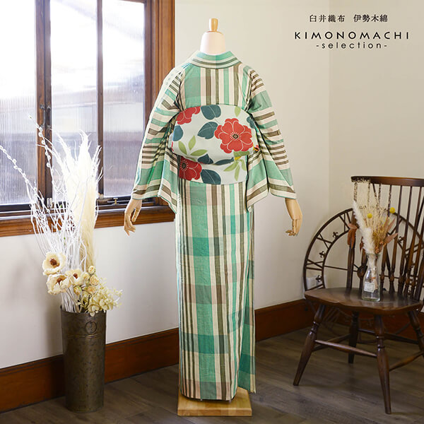 伊勢木綿 洗える着物 単品「格子 白地 グレー×ミント×薄紅」お 伊勢木綿 洗える着物 単品「格子 白地 グレー×ミント×薄紅」お