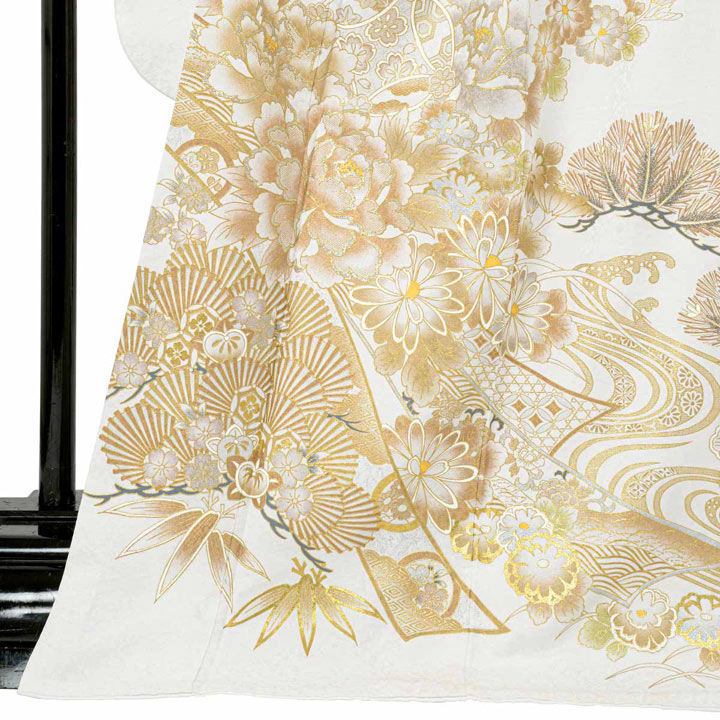 E260☆送料込み❣️仮絵羽未仕立て 振袖 牡丹に松竹梅・草花模様 刺繍 八掛付き 未仕立て 振袖 22点セット「白金 牡丹に松竹梅」仮絵羽 振り袖