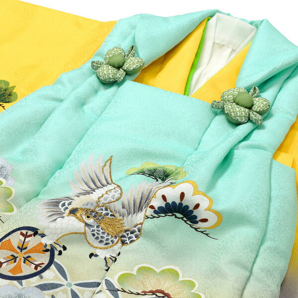 七五三 着物 3歳 男の子 被布セット 「水色 黄色、格天井に宝尽くし