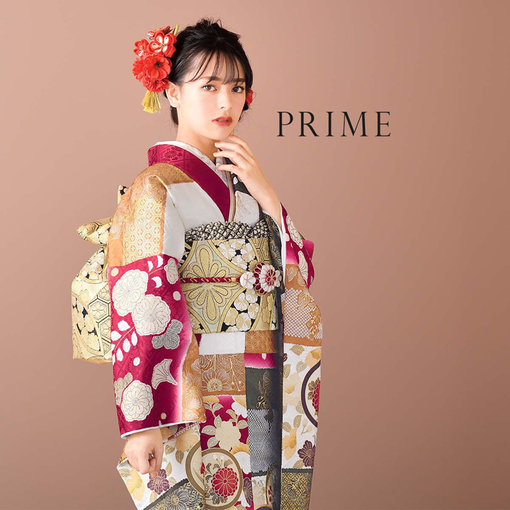 未仕立て 振袖 22点セット「PRIME 赤 段違いに花丸文」仮絵羽 振り袖 正絹 着物 ブランド振袖 成人式 結婚式 結納 パーティー 晴れ着 【メール便不可】