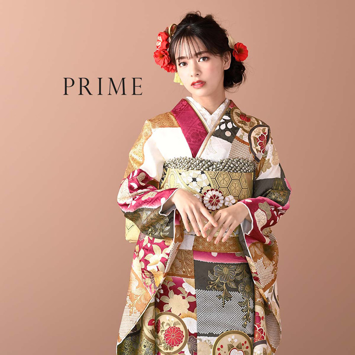 未仕立て 振袖 22点セット「PRIME 赤 段違いに花丸文」仮絵羽 振り袖 正絹 着物 ブランド振袖 成人式 結婚式 結納 パーティー 晴れ着 【メール便不可】
