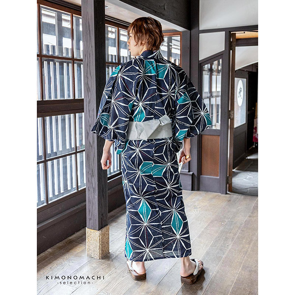 男性 メンズ 浴衣5点セット（浴衣＋角帯＋下駄＋巾着＋腰紐）「麻の葉