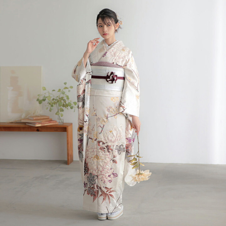 未仕立て 振袖 22点セット「白 菊に松竹梅」仮絵羽 振り袖 正絹 着物