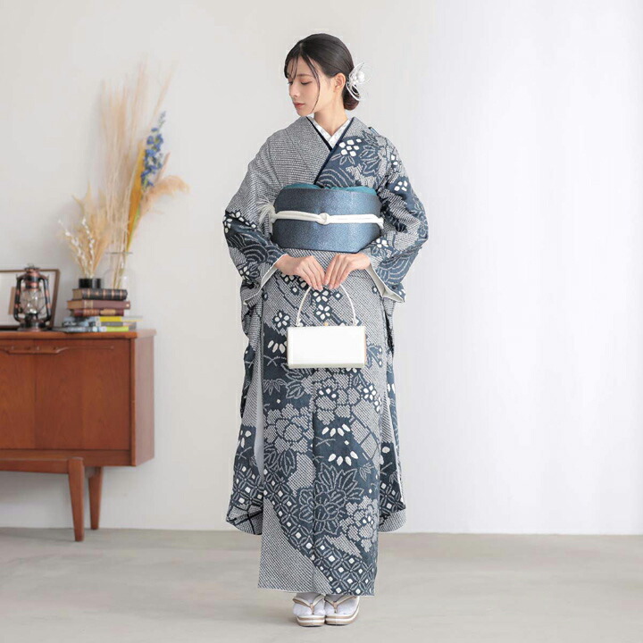 未仕立て 振袖 22点セット「総絞り 紺ねず 牡丹に枝垂れ桜」仮絵羽 振り袖 正絹 着物 ブランド振袖 成人式 結婚式 結納 パーティー 晴れ着 【メール便不可】