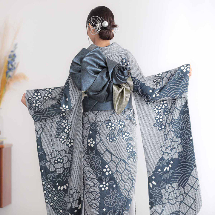 未仕立て 振袖 22点セット「総絞り 紺ねず 牡丹に枝垂れ桜」仮絵羽 振り袖 正絹 着物 ブランド振袖 成人式 結婚式 結納 パーティー 晴れ着 【メール便不可】