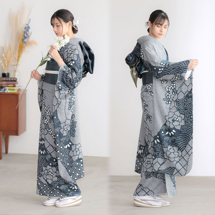 未仕立て 振袖 22点セット「総絞り 紺ねず 牡丹に枝垂れ桜」仮絵羽 振り袖 正絹 着物 ブランド振袖 成人式 結婚式 結納 パーティー 晴れ着 【メール便不可】