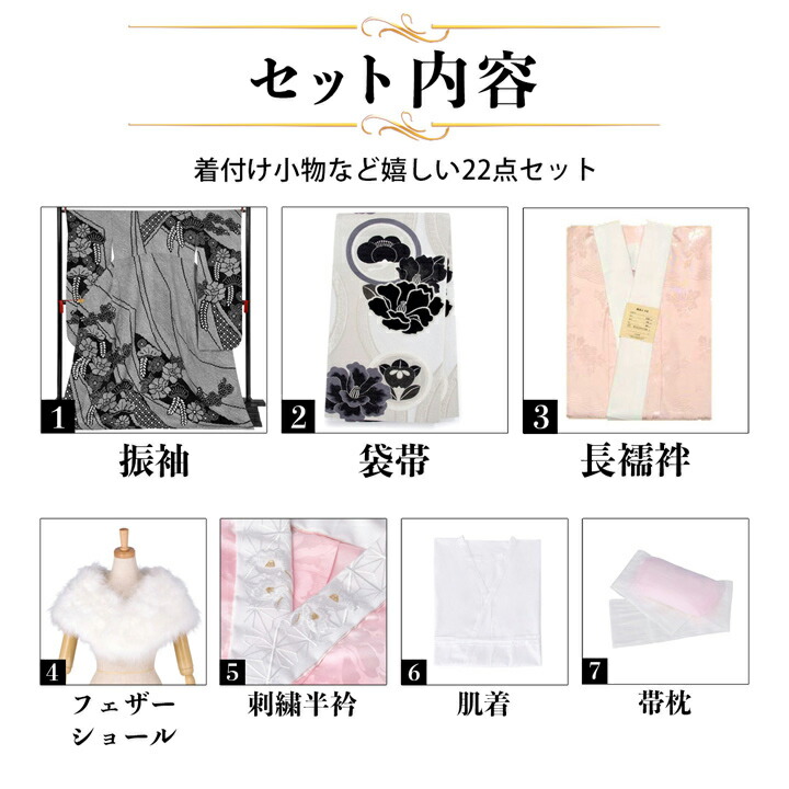 未仕立て 振袖 22点セット「総絞り 黒 牡丹...の詳細画像1