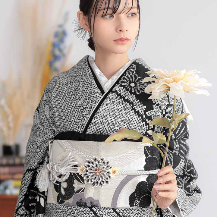 未仕立て 振袖 22点セット「総絞り 黒 牡丹に藤」仮絵羽 振り袖 正絹 着物 ブランド振袖 成人式 結婚式 結納 パーティー 晴れ着 【メール便不可】