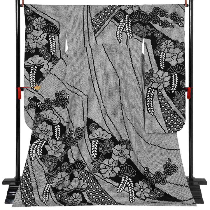 未仕立て 振袖 22点セット「総絞り 黒 牡丹に藤」仮絵羽 振り袖 正絹 着物 ブランド振袖 成人式 結婚式 結納 パーティー 晴れ着 【メール便不可】