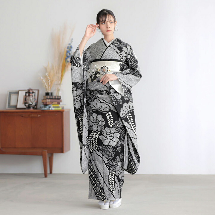 未仕立て 振袖 22点セット「総絞り 黒 牡丹に藤」仮絵羽 振り袖 正絹 着物 ブランド振袖 成人式 結婚式 結納 パーティー 晴れ着 【メール便不可】