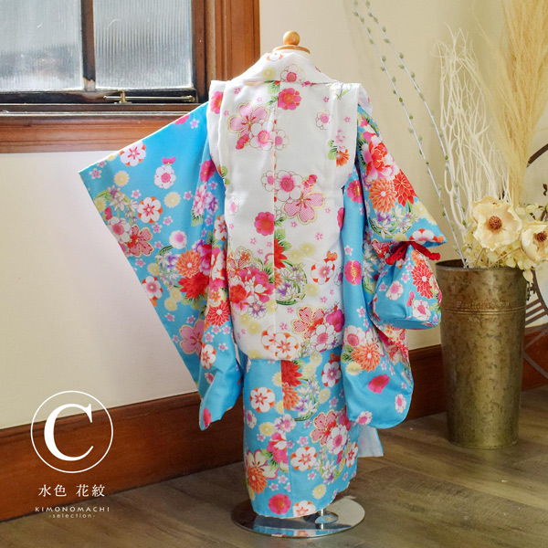 豪華♡美品♡小町　七五三　女の子　3歳　10点セット　ピンク　水色 七五三 着物 3歳 女の子 被布セット 小雪「山吹色 花車・ピンク 花と鞠