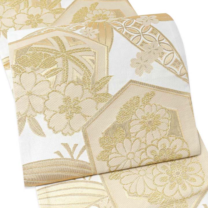 ♪セール‼️H. L⭐️袋帯  振袖に♪ 振袖 袋帯 単品「白地、金×香色 二重亀甲に菊桜」日本製 お
