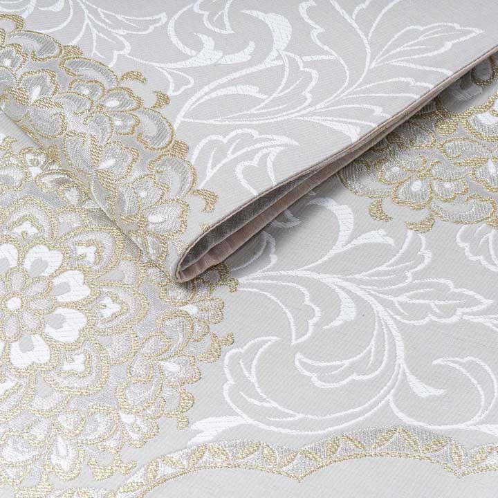 振袖 袋帯 単品「白鼠色 白×金 花唐草」六通柄 日本製 お仕立て上がり