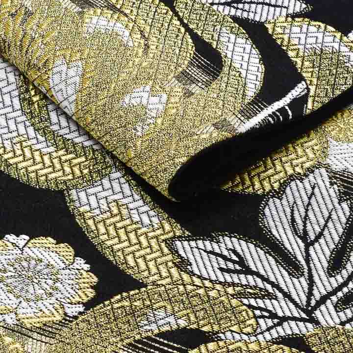 振袖 袋帯 単品「黒地、金×白 市松、麻の葉に菊」日本製 お仕立て