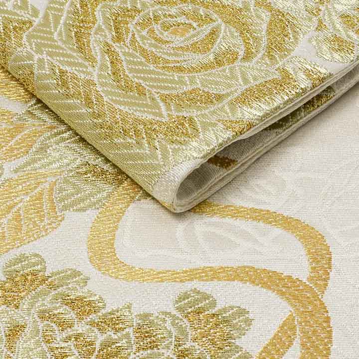 振袖 袋帯 単品「白地、黄金 流水に薔薇」日本製 お仕立て上がり 振袖