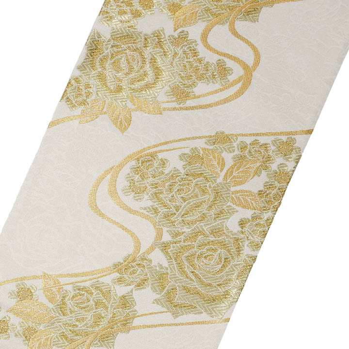 振袖 袋帯 単品「白地、黄金 流水に薔薇」日本製 お仕立て上がり 振袖