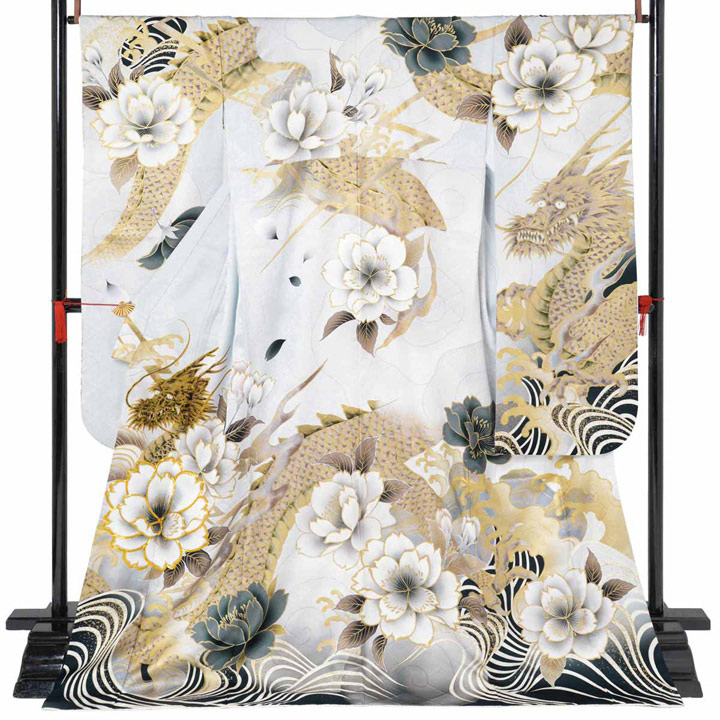 未仕立て 振袖 22点セット「Precious 白灰 桜に龍と荒波」仮絵羽 振り袖 正絹 着物 ブランド振袖 成人式 結婚式 結納 パーティー 晴れ着 【メール便不可】