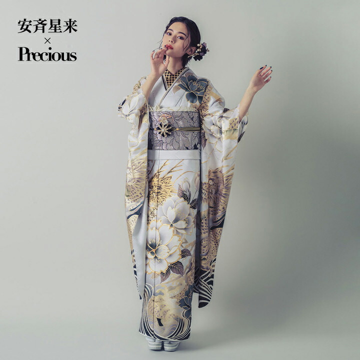未仕立て 振袖 22点セット「Precious 白灰 桜に龍と荒波」仮絵羽 振り袖 正絹 着物 ブランド振袖 成人式 結婚式 結納 パーティー 晴れ着 【メール便不可】