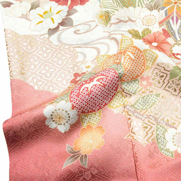 新品未使用　振袖 　未仕立て　 仮絵羽 　小豆　暗ピンク　白　牡丹柄　リメイク 新品未使用 振袖 未仕立て 仮絵羽 小豆 暗ピンク 白 牡丹柄 リメイク