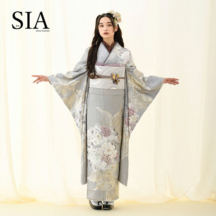 未仕立て 振袖 22点セット「SIA グレー 百合に花丸文」仮絵羽 振り袖 正絹 着物 ブランド振袖 成人式 結婚式 結納 パーティー 晴れ着 【メール便不可】