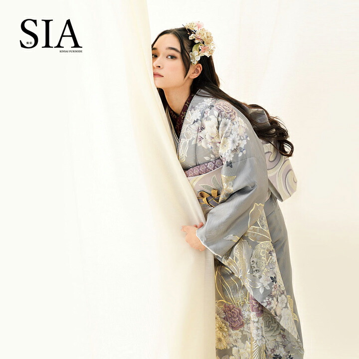 未仕立て 振袖 22点セット「SIA グレー 百合に花丸文」仮絵羽 振り袖