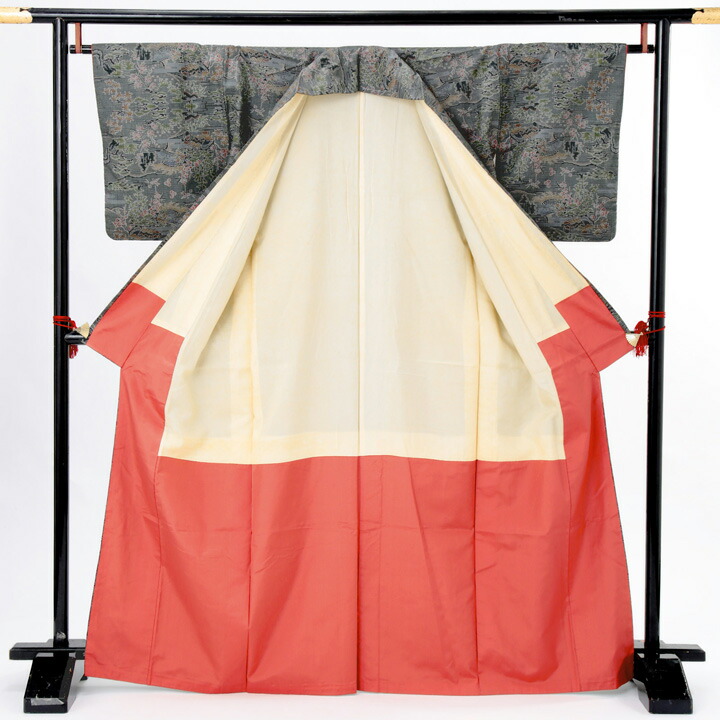 【中古品】仕立て上がり 色大島「グレー 御所解文様」小紋 正絹 紬【メール便不可】